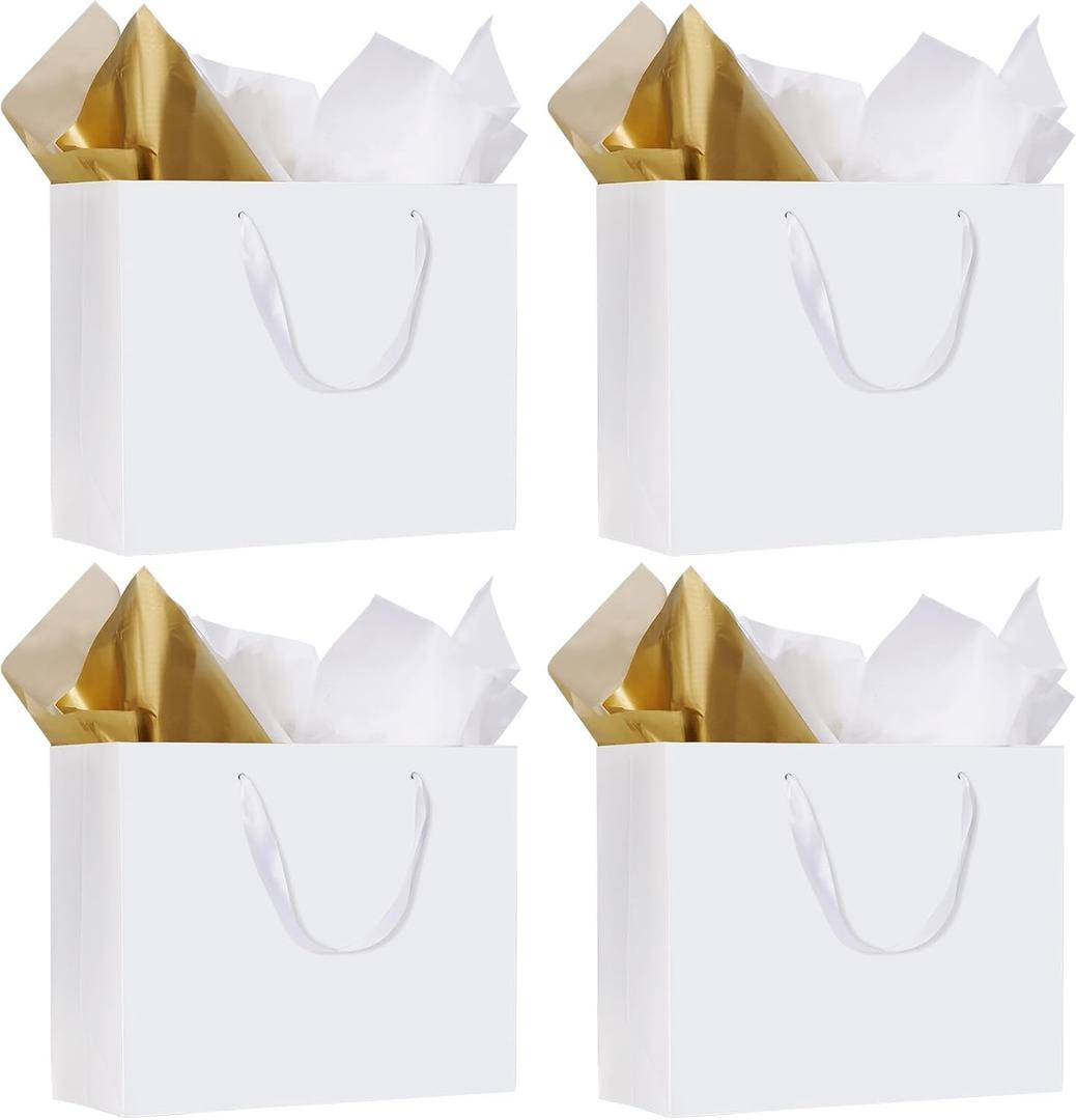 Plauthus White Gift Bags, 4 Pack Large Size Gift Bags with Tissue Paper, White Paper Bag with Ribbon Handles for Shopping, Wedding, Party, BirthdayGraduation and Holiday (12.5 x4.5 x9.8)