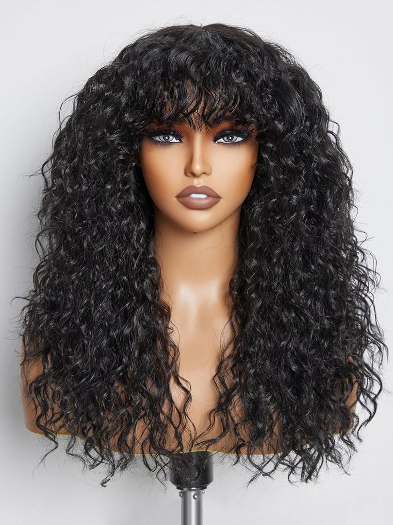 GORGIUS Veralux Blend Shaggy Haircuts Natural Black Curly Wig with Bangs Crafted with Style-Archive Technology: Premium Fiber & Remy Human Hair Blended, Realistic Look with True Scalp (20 Inch)