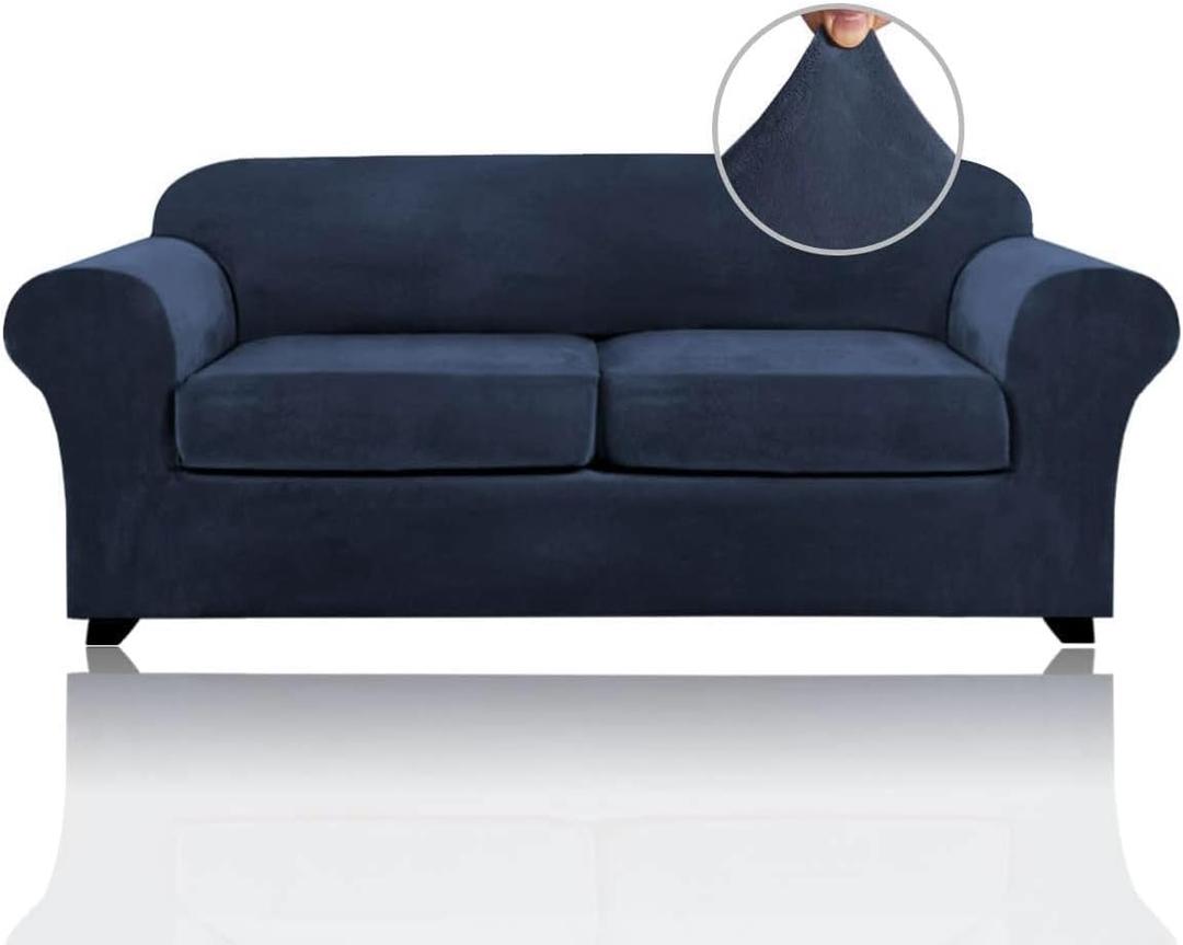 PrinceDeco Couch Cover Velvet Plush Sofa Covers for 2 Cushion Couch Width Up to 90 Inch Washable Furniture Protector Pet Friendly No Slip Sofa Slipcover(Medium-Large, Navy)