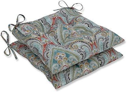 Pillow Perfect Paisley Indoor/Outdoor Chair Seat Cushion with Ties, Tufted, Weather, and Fade Resistant, 2 Count, Square Corner - 18.5" x 19"