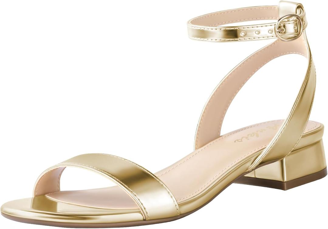 Ankis Black Nude White Red Women Sandals Comfortable Walking Strappy Open Toe Sandals for Women Dressy Summer 1 Inch Low block Heel Flat Adjustable Ankle Strap Wide (Gold Pu) Size 10