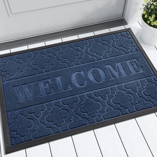 Yimobra Welcome Mat Outdoor Indoor, All-Season Waterproof Front Door Mat Outside Entrance, All-Weather Heavy Duty Non-Slip Doormat, Low Profile Porch Patio Entrance Mats, 29.5x17, Blue