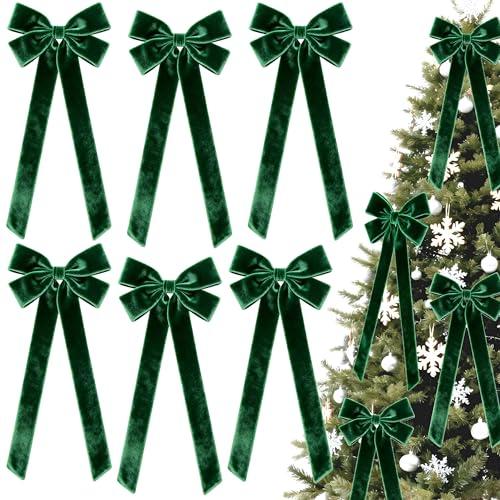 4Pcs Large Green Bows Christmas Decorations, Vintage Velvet Bows for Christmas Tree Outside Decorating, Premade Decorative Ribbon with Twist Tie for Wreath Garland Staircase Front Door 6.9*23.6"