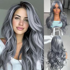 Jolelyne Silver Gray Ombre Highlight Wigs Layered Wavy Wig with Curtain Bangs for White Black Women Light Grey Body Wave Natural wavy Long Hair for Women Synthetic Silver Highlight Gray 24inch