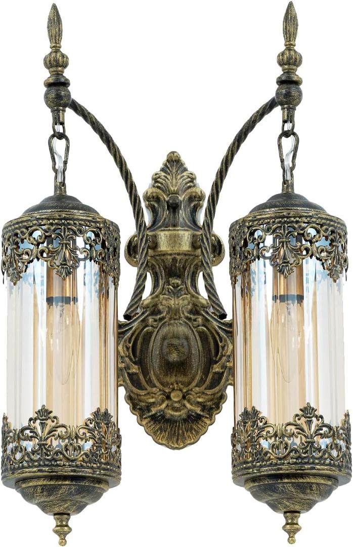Rustic Wall Sconce with Amber Glass Vintage 2-Lights Antique Gothic Wall Light Fixture Retro Mid Centry Lantern Wall Sconce for Bedroom, Living Room, Mirror, Brush Gold, E12