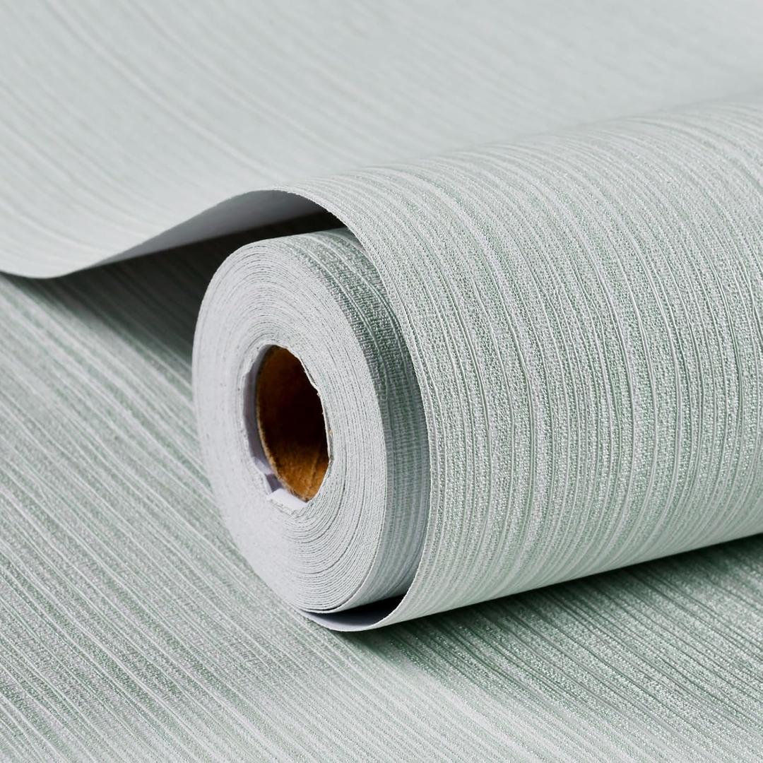 Haimin Grasscloth Wallpaper Textured 24in X 393in Fabric Contact Paper Textured Linen Peel and Stick Self-Adhesive Thick Vinyl Embossed Wallpaper (Light Green)