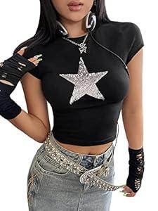 SOLY HUX Women's Summer Star Print Cap Sleeve Tee T Shirts Casual Crop Tops Black M