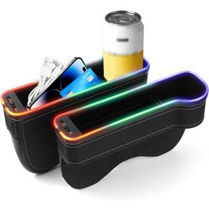 RGB Color Changing LED Car Seat Gap Filler Organizer Console Side Seat Gap Storage Box with Cup Holders and USB Chargers for Car Interior Accessories (2 Pack)