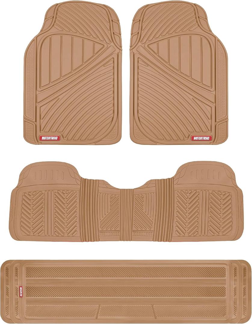 Motor Trend 3-Row Heavy Duty Rubber Floor Mats & Liners for Car SUV Van, Front 2nd & 3rd Row Durable Polymerized Latex Full Interior Protection, Extra-High Ridgeline Design, Beige