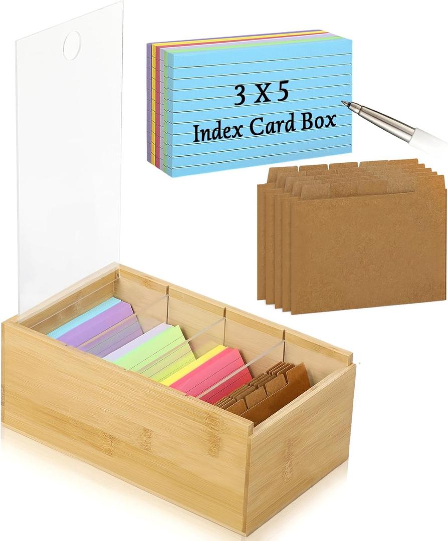 3"x5" Wood Index Card Holder with Dividers Bamboo Index Card Organizer Box Index Card Storage Case Card Catalog Box 4 Compartments for 300 Cards File Note Flash Card Holders 5.9"W x 10"D x 4"H