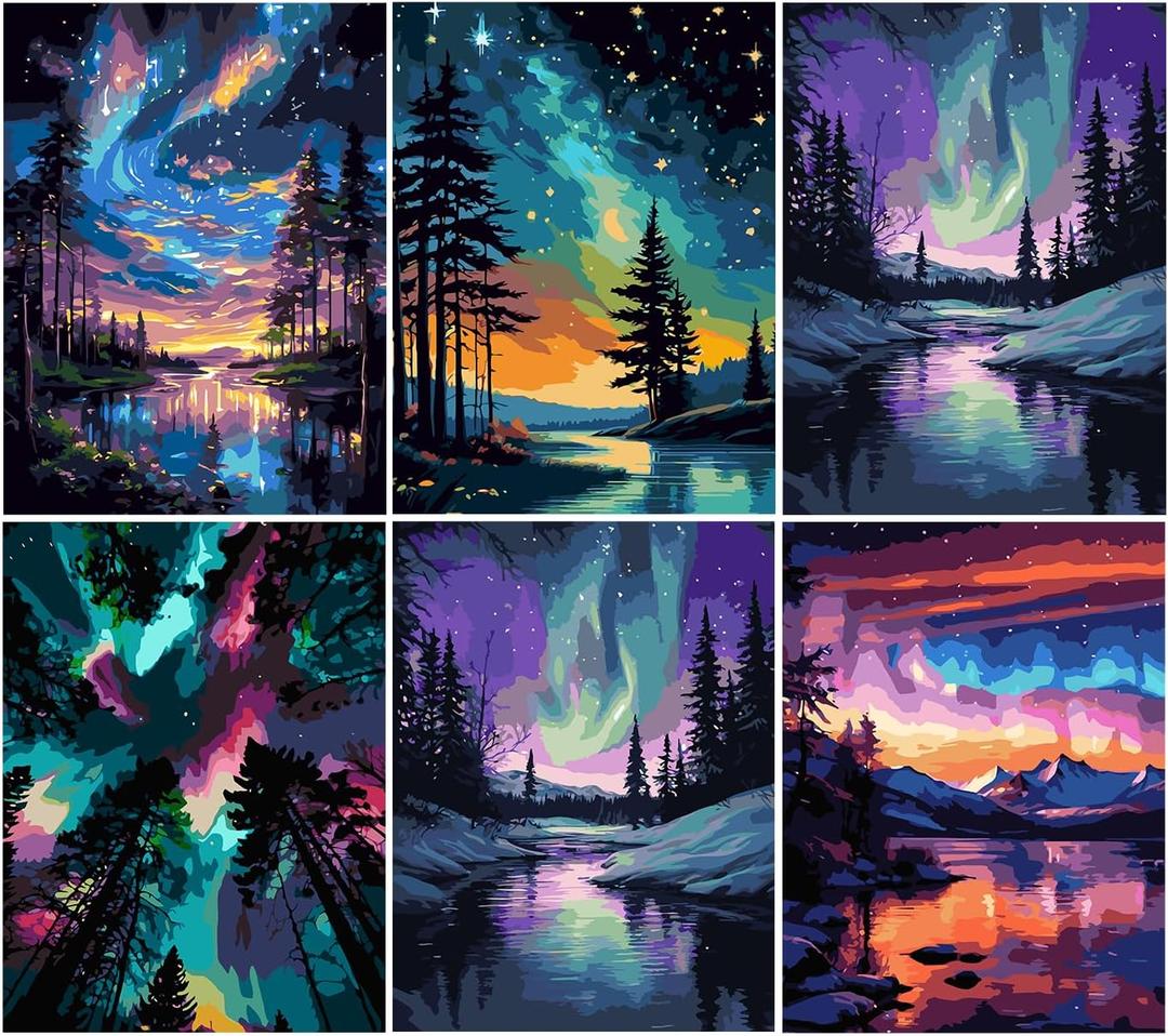 6 Pack Paint by Numbers Kit for Adults-Aurora Adult Paint by Number Kits on Canvas for Beginners,Nature Scenery DIY Acrylic Number Painting Kits for Home Wall Decor Gift 11.8x15.7Inch (Without Frame) (YH01583)
