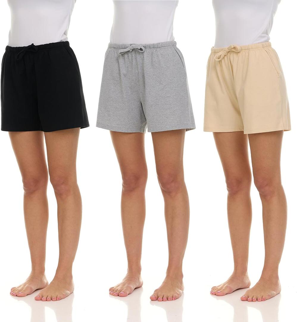 Essential Elements 3 Pack: Women's 100% Cotton Casual Active Gym Lounge Sleep Bottom Pajama Shorts (Medium)