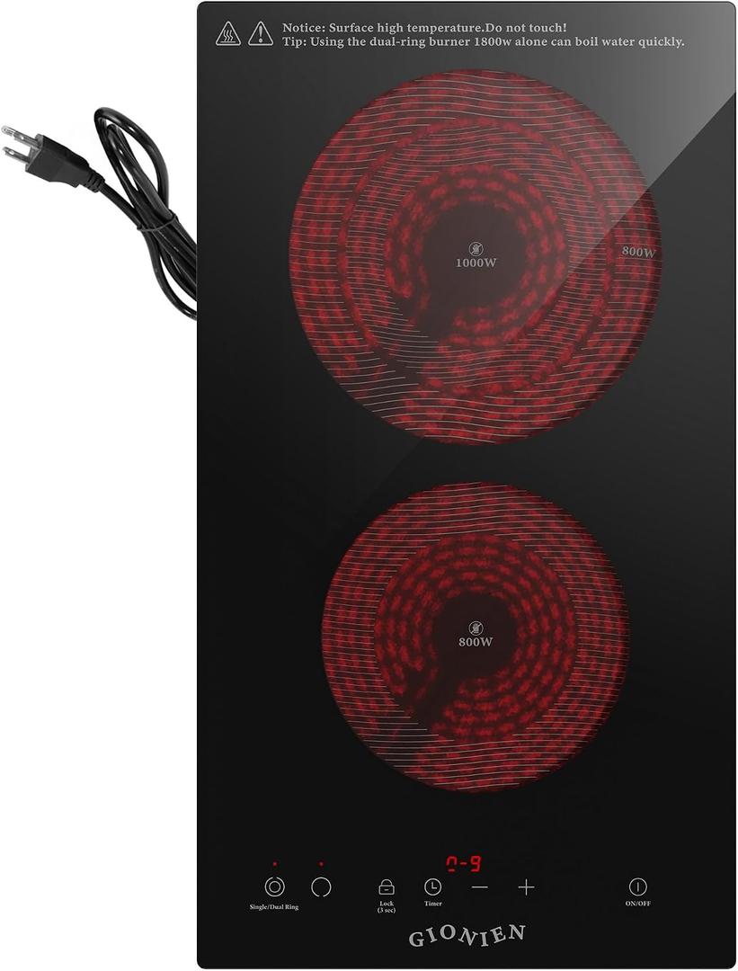Electric Cooktop 2 Burners 110V~120V, 12'' Plug in Electric Stove Top,Countertop or Built-in,Ceramic Glass,Sensor Touch Control,Timer,9 Power Levels,Portable,1800W, Black 2 Burners