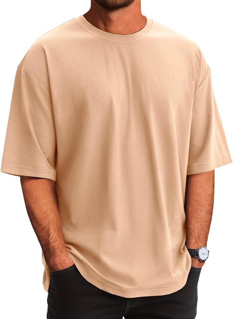 Runcati Mens Casual T-Shirts Short Sleeve Lightweight Oversized Summer Cotton Tee Beach Crew Neck Tops (Medium, Khaki)