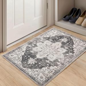 2x3 Entryway Rug Washable Door Mat Vintage Boho Entrance Area Rug, Non Slip Low Pile Floral Print Carpet for Kitchen Bedroom Living Room Home Decor, Grey