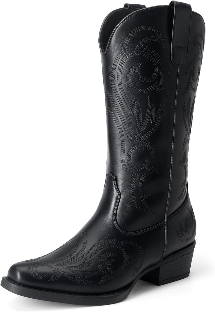 DREAM PAIRS Women's Cowboy Boots Mid Calf Cowgirl Boots Square Toe Chunky Heel Embroidery Stitched Western Boots (8.5, All Black)