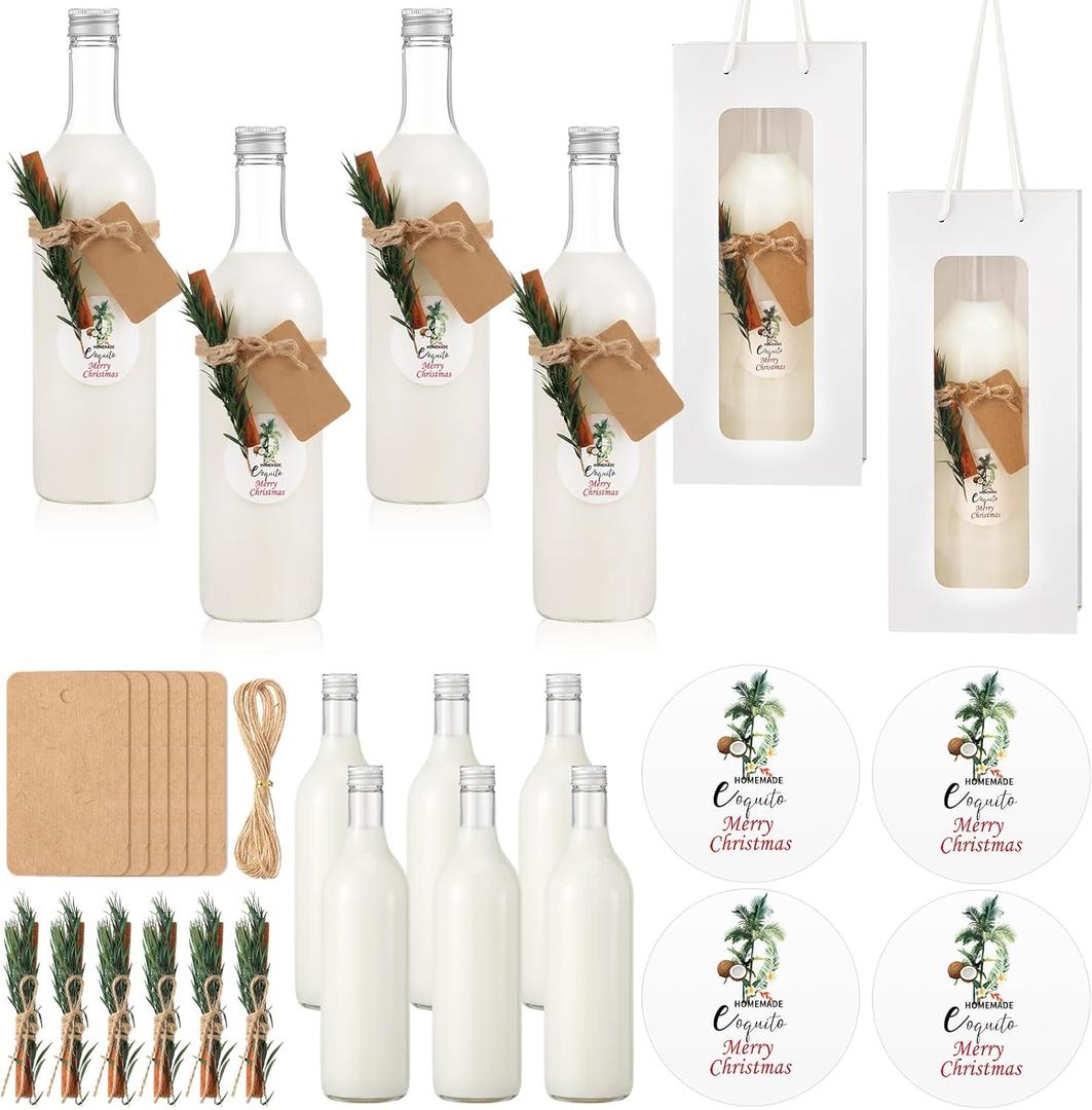 Potchen 6 Set 25 oz Christmas Coquito Bottle Gifts Set Homemade Empty Coquito Plastic Bottles with Gift Bags Label Stickers Cinnamon Pine Tags for Home Brewing Xmas Party Supplies