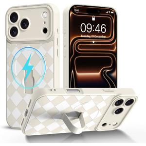 Magnetic Case Compatible with iPhone 17 Pro Max with Finger Strap Kickstand【Compatible with MagSafe】 Checkered Pattern Phone Cover for Women Girls, Full Camera Protection, White
