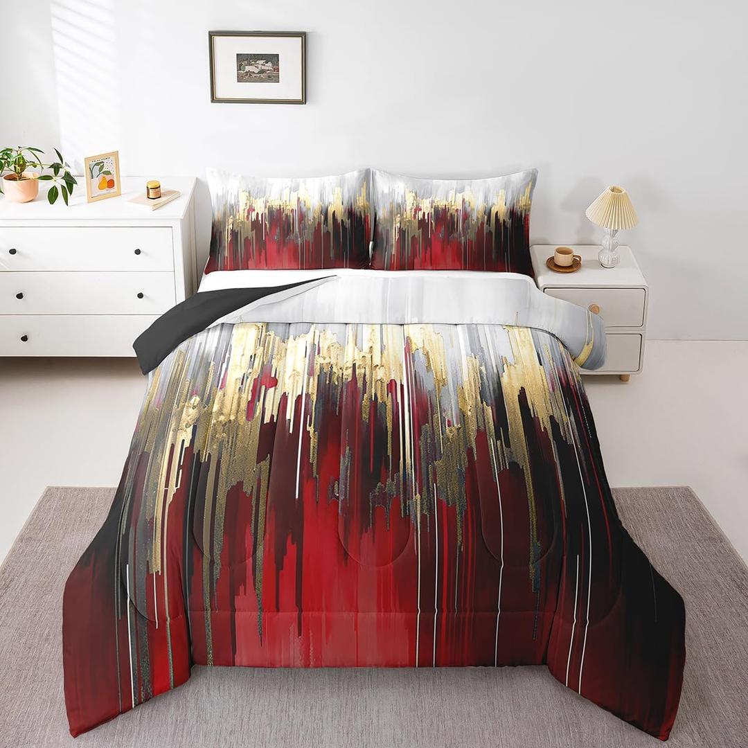 Erosebridal Burgundy Comforter King Graffiti Ombre Bedding Set, Brush Strokes Oil Painting Down Comforter Modern Contemporary Bed Set, Gold Metallic Abstract Gradient Quilted Duvet 3pcs
