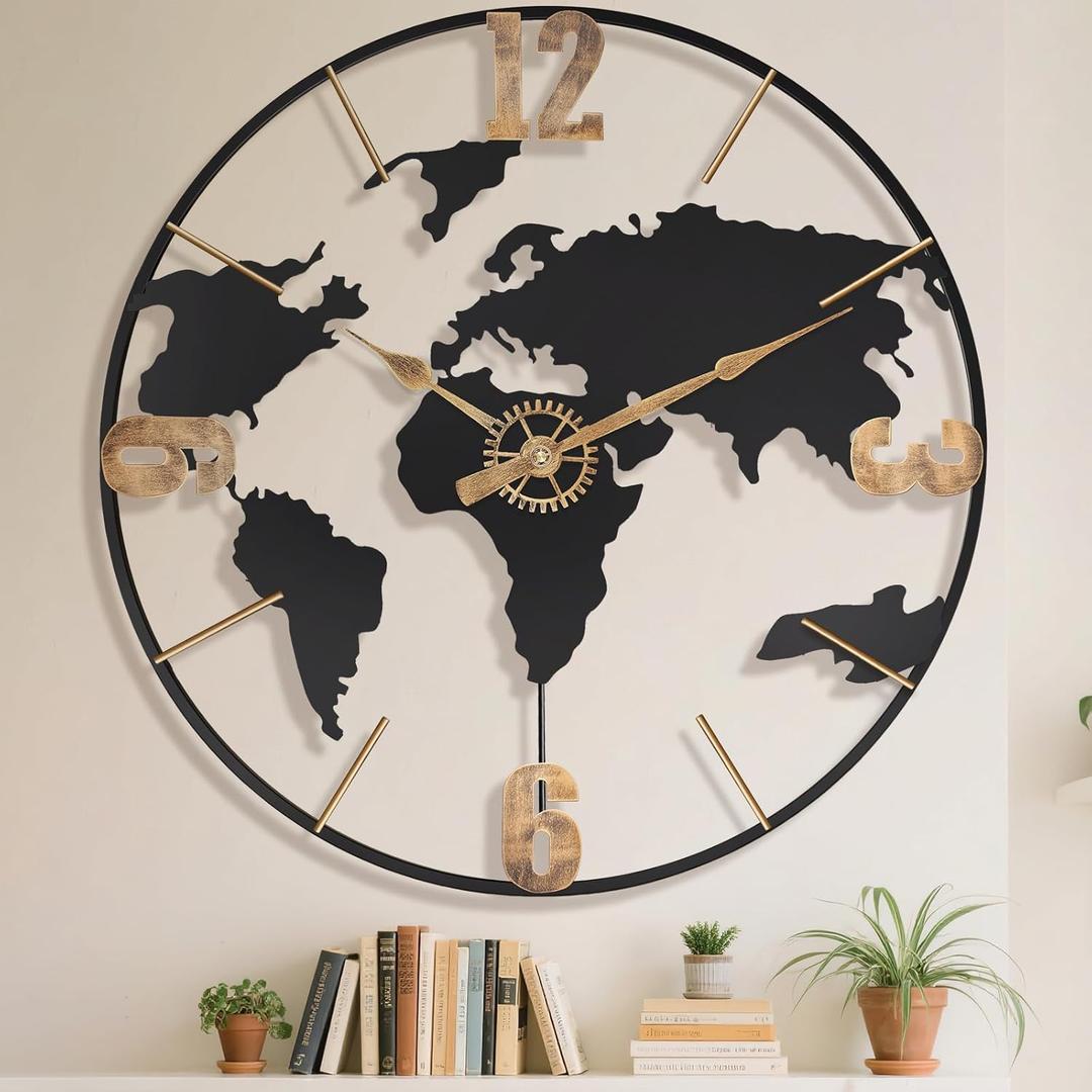Pytha Sight 30 Inch Large Modern Decorative Metal World Map Wall Clocks Giant Extra Vintage Gold Arabic Numeral Oversized Wall Clock for Living Room,Office,Dining Room,Entryway,Fireplace