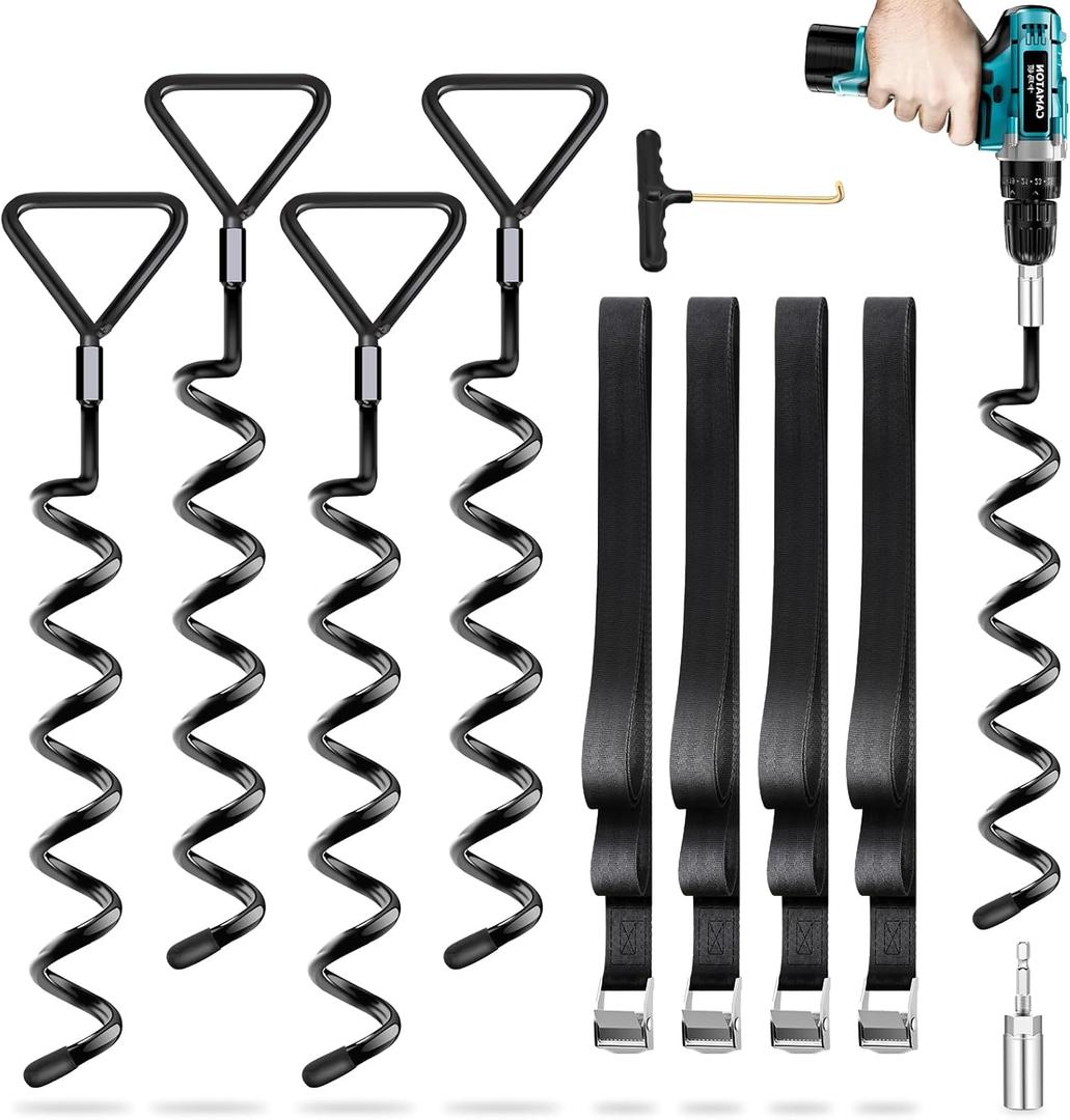 Trampoline Stakes 4 Pack - Heavy Duty Trampoline Anchors Kit - Screw In Ground Anchors High Wind with Straps for Trampolines(Black-4Pack)