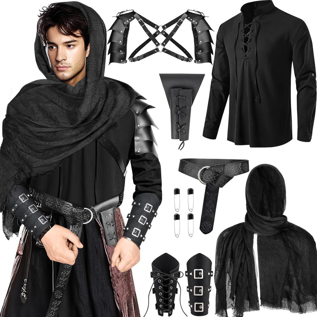 7 Pcs Men's Renaissance Costume Set Medieval Pirate Shirt Viking Shawl Belt Shoulder Armor Sword Bag Cosplay, M
