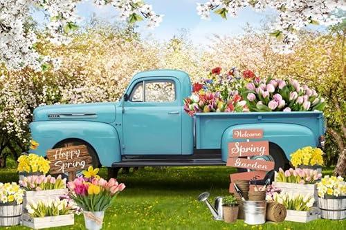 ZJRBJB Spring Backdrop Blue Truck Photography Backdrops Blossom Flowers Photoshoot Background Easter Children Birthday Wedding Baby Shower Party Decor 10x8ft