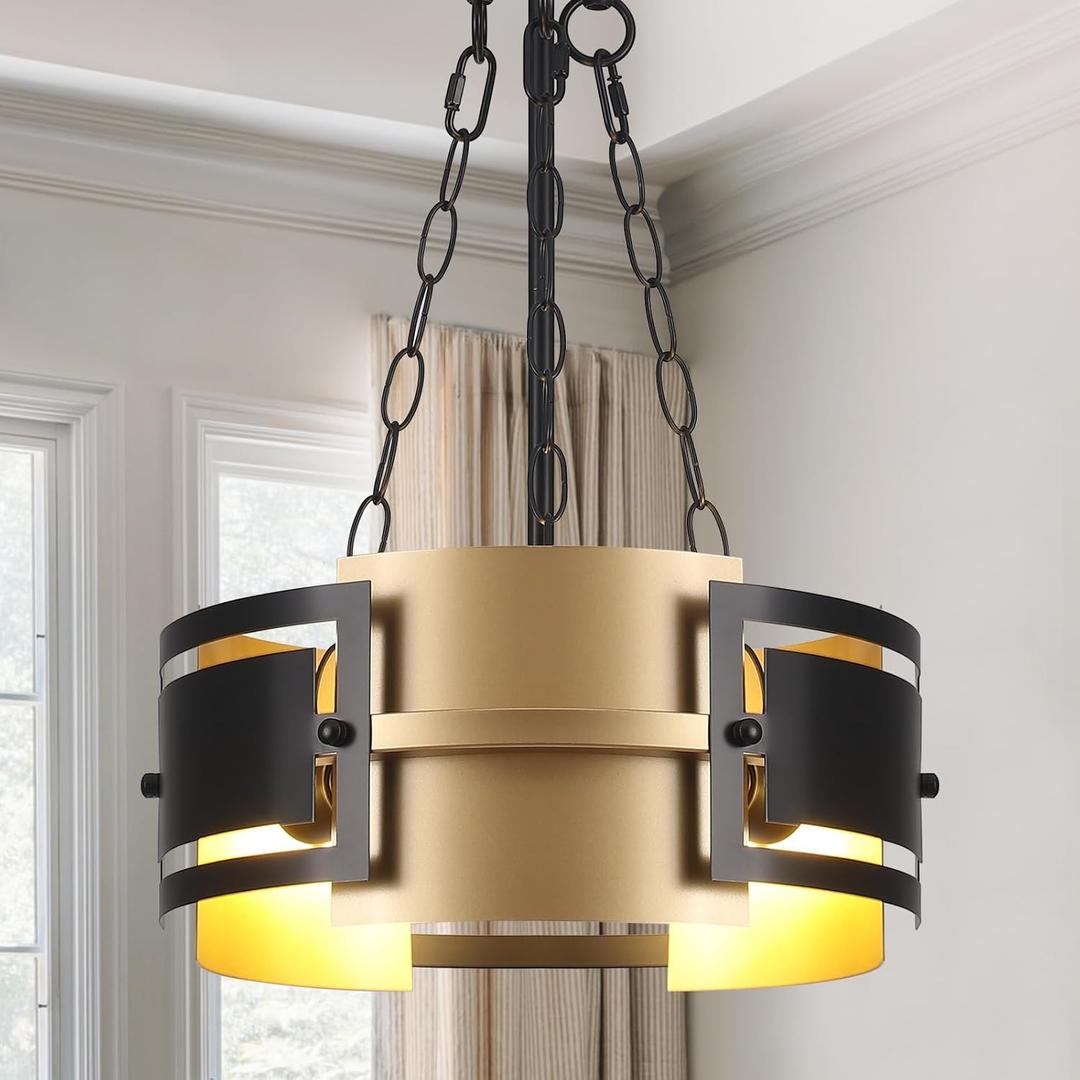 Black and Gold Ceiling Light, Industrial Modern Chandelier 3-Lights Fixture,Height Adjustable Hanging Pendant Island Lighting for Living Room,Foyer,Hall,Kitchen,Entryway (Small E26 Bulb,Not Standard)