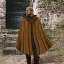HyperFun Renaissance Hooded Cape Medieval Cloak with Leather Bracers Accessories for Wizard Witch Halloween Men Women (Brown)