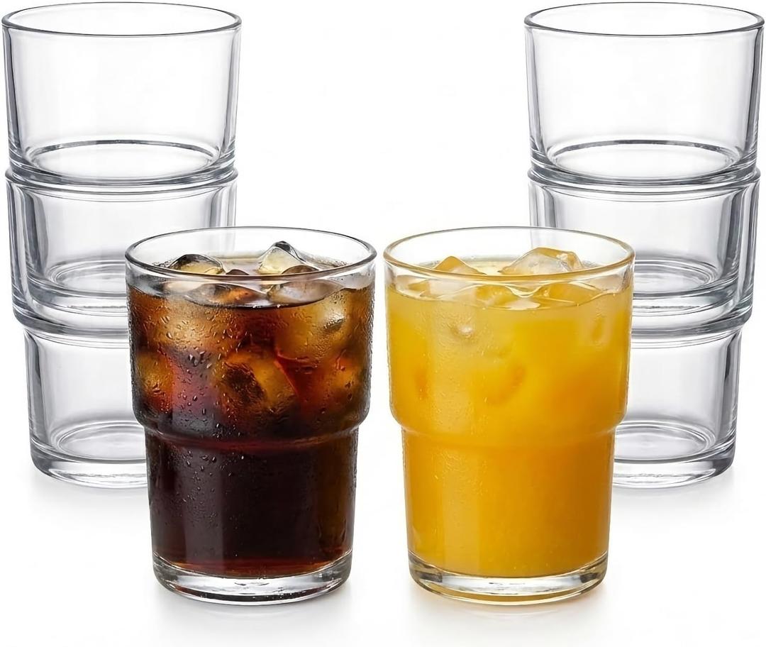 Stackable Drinking Glasses (Set of 6) 13oz Clear Glass Cups for Iced Coffee, Juice & Beer Modern Space Saving Highball Tumblers with Smart Non-Stick Design Heavy Base & Dishwasher Safe
