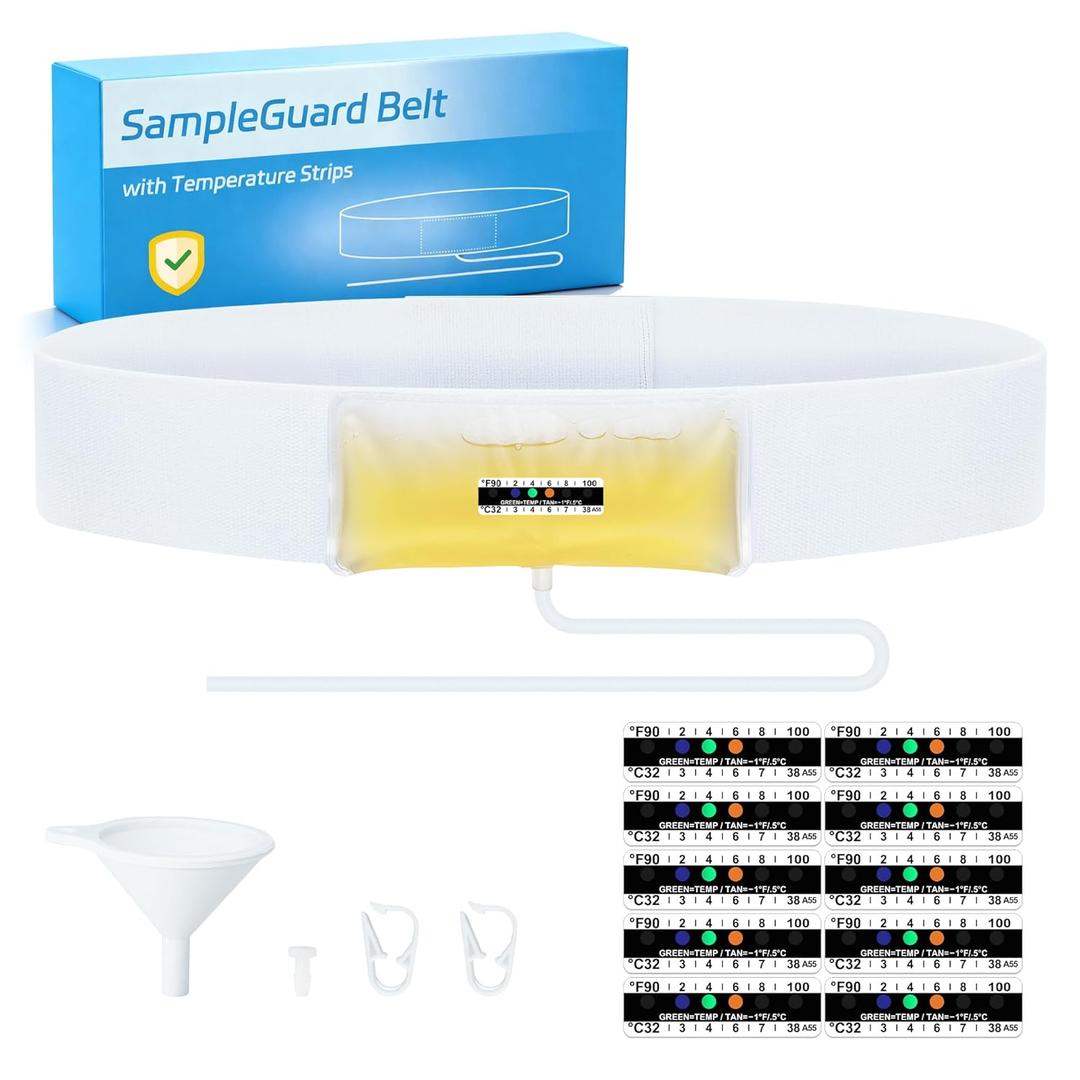 Urine Test Complete Kit  2 oz to 4 oz Concealed Sample Bag with Adjustable Belt, 43.3 Hi-Stretch and Comfortable Belt, Urine Test Thermometer Stickers and Silicone Funnel