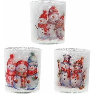 Christmas Votive Candle Holders Set of 3, Snowman Glass Tealight Candle Holders Snowman Table Centerpiece, Tabletop Decoration for Winter New Year Party Decor (Snowman 3)