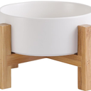 Elevated Ceramic Cat Bowl - Cat Food Bowl with Bamboo Stand - Raised Dog Dish for Puppies - Anti Vomiting, Stress Free - 13.5 oz / 400 ml - White