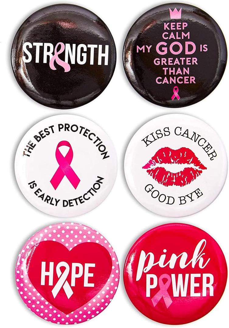 BLUE PANDA - 24 Pack Breast Cancer Awareness Pins Bulk, Black & Pink Round Buttons Accessories, 6 Designs, 2.25 in