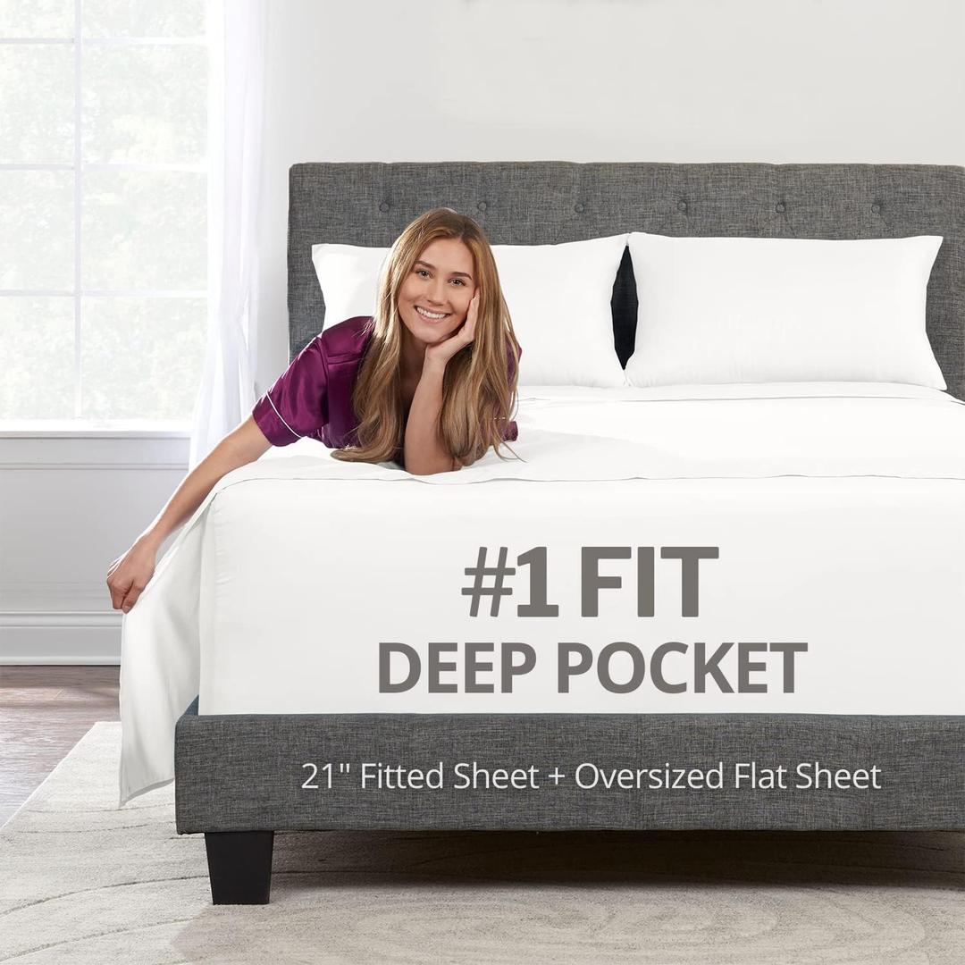 DeaLuxe Deep Pocket Queen Sheet Sets – 21” Inch 4 Piece Queen Sheets Deep Pocket Sheets – Oversize Flat Sheet, Fitted Sheet & 2 Zipper Closure Pillowcases for 18”–23” Pillow Top Mattress – White
