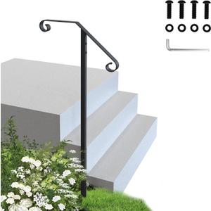 Handrails for Outdoor Steps-Single Post Wrought Iron Handrail for 1, 2 Step-Outdoor Stair Rail Handrails-39 H Black Wrought Iron Hand Rail Powder Coating for Concrete Steps or Wood Stairs