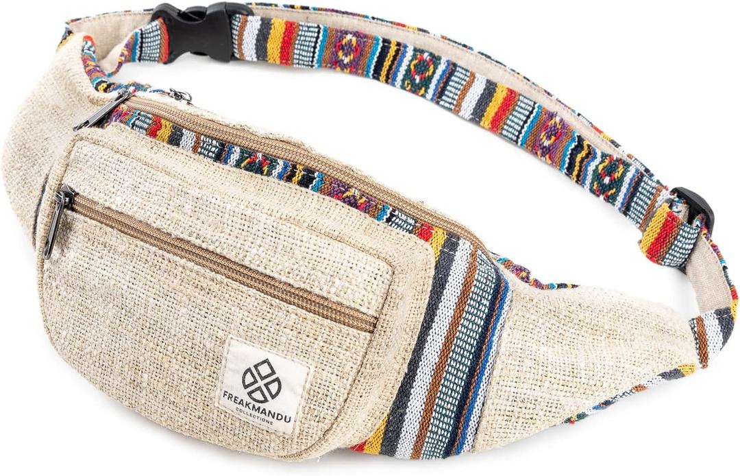 Freakmandu Eco-Friendly Boho Hippie Style Hemp Fanny Pack Hip Waist Bag for Hiking Running Jogging (Beatnik)