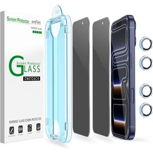 amFilm OneTouch Privacy Screen Protector for iPhone 17 Pro Max + Camera Lens Protector | Auto-Alignment install | Bubble Free | 9H Tempered Glass | Shatterproof | Anti Privacy | Case Friendly 2+4 Pack