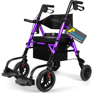 Foldable Rollator Walker for Seniors with Seat, Lightweight 2 in 1 Rolling Walkers Wheelchair Combo for Adult, Transport Chair with Brakes, Adjustable Seat and Handle, 300 Lb. Weight Capacity, Purple
