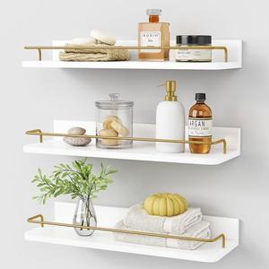 Forbena Gold Floating Shelves for Wall Decor Set of 3, Bathroom Shelves Over Toilet, Modern Display Wall Shelf with Guard Rail for Living Room Bedroom Organizers and Storage - White and Gold, Size: 17 Inch