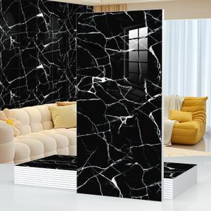 10pcs 23.6"x11.8" Marble Peel and Stick Waterproof Wall Panels (19.4 Sq. Ft. Coverage) - Heat-Resistant Backsplash Tile, PVC Wall Panels for Kitchen, Bathrooms, Living Rooms, Bedrooms,Black (Black Marble Tiles)