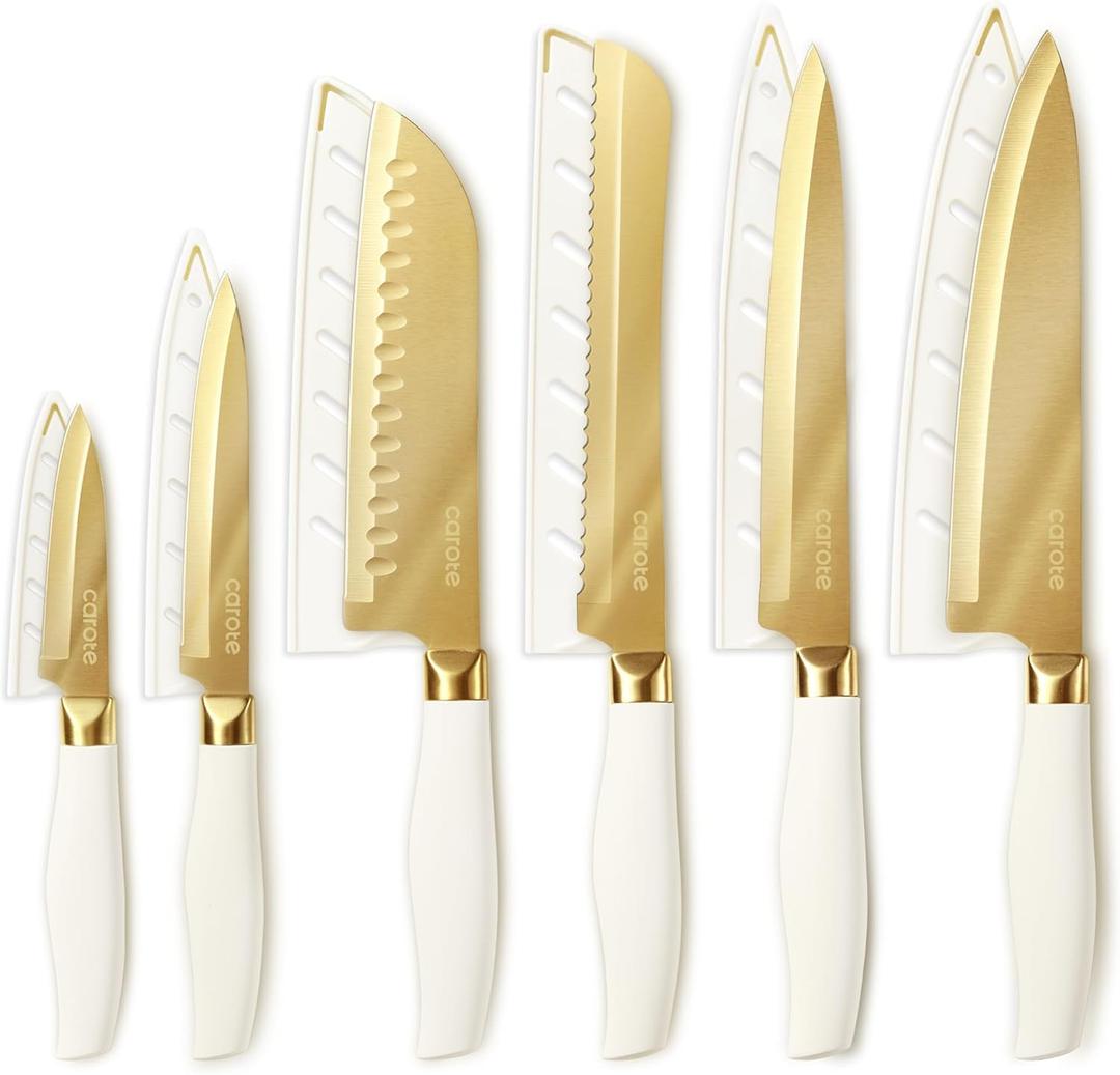 CAROTE 12PCS Kitchen Knife Set, Healthy Gold Titanium Coating Knife Set, Dishwasher Safe with 6 Blade Guards, Rustproof Stainless Steel Cutlery Set, White and Gold