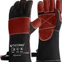 TICONN 16 Inch Welding Gloves, 1000°F Heat-Resistant Fireproof Leather Gloves for Welders, Stick, Forge, Mig, Tig, BBQ, Baking, Oven (Black/ Red, XL)