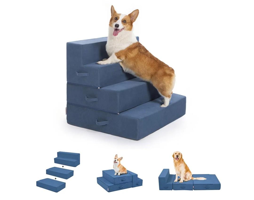 Multi-Function Pet Steps for Small & Medium Dogs, Extra-Wide (28") for Stability, Adjustable Heights for High Beds & Sofas, High-Density Foam, DIY into Various Dog Bed Sizes, 4 Steps, Blue Bird.