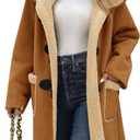 Women's Faux Suede Coat Sherpa Fleece Lined Oversize Duffle Coat Winter Mid-Length Hooded Toggle Jacket with Pockets (Large, Dark Khaki)