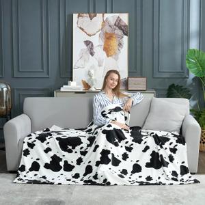 Cozy Bliss Cow Print Throw Blanket Non Shedding MilkyPlush Fleece 330GSM Thick Blankets Western Room Decor Super Soft Warm for Adults Kids Girl Gifts Bedroom Couch Sofa Travel Black White 40"x50"