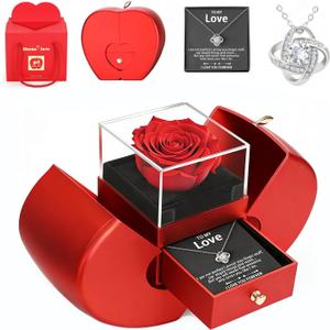 Forever Rose in Glass Box with Love Necklace, Preserved Eternal Rose & Jewelry Gift for Wife, Girlfriend or Mom, Valentine's Day Gift to Cherish, Regalos para Novia
