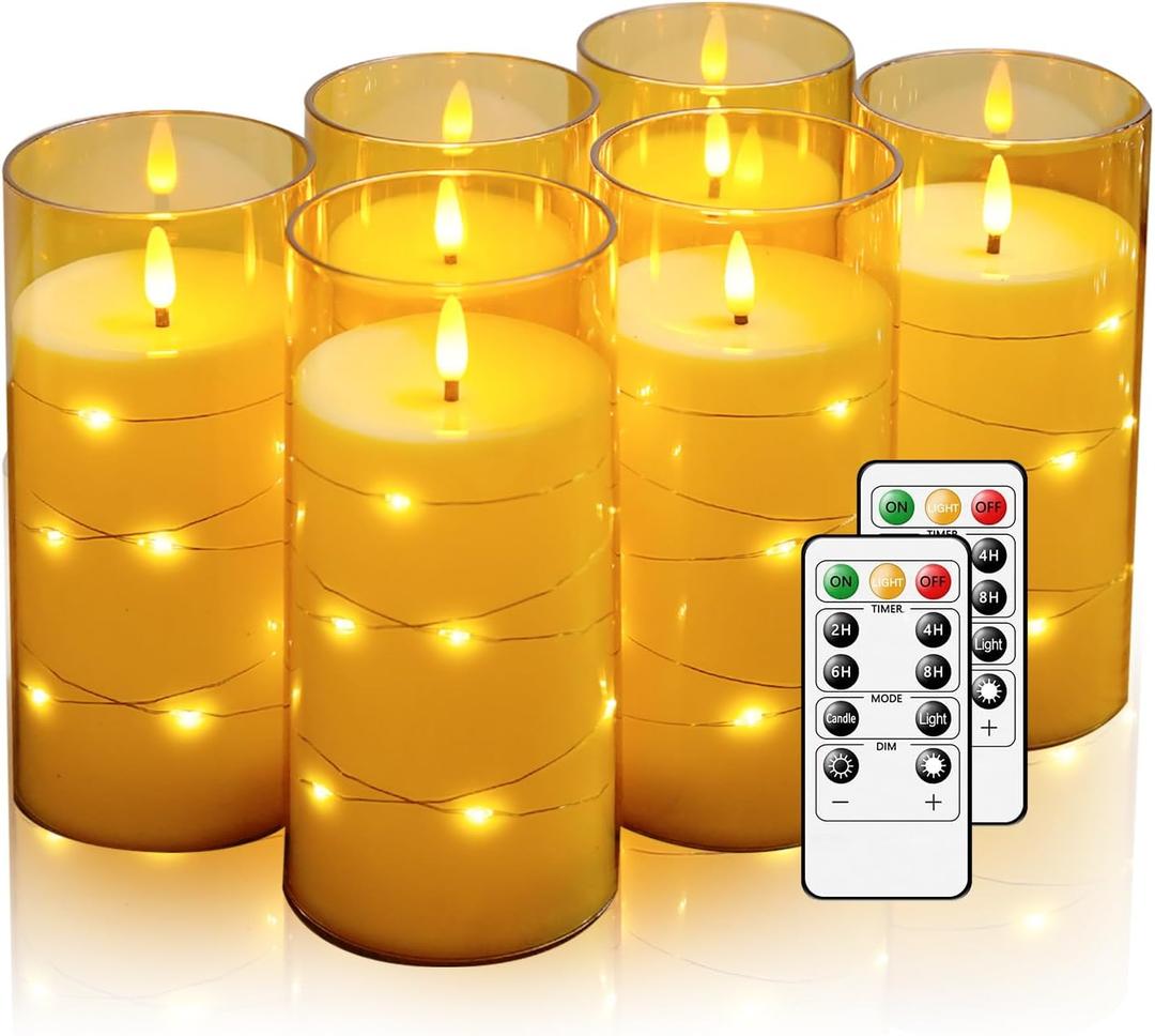 Amber Flickering Flameless Candles with Remote Timer, 6 pcs LED Battery Operated Candles with String Lights, Same Size D3 H6