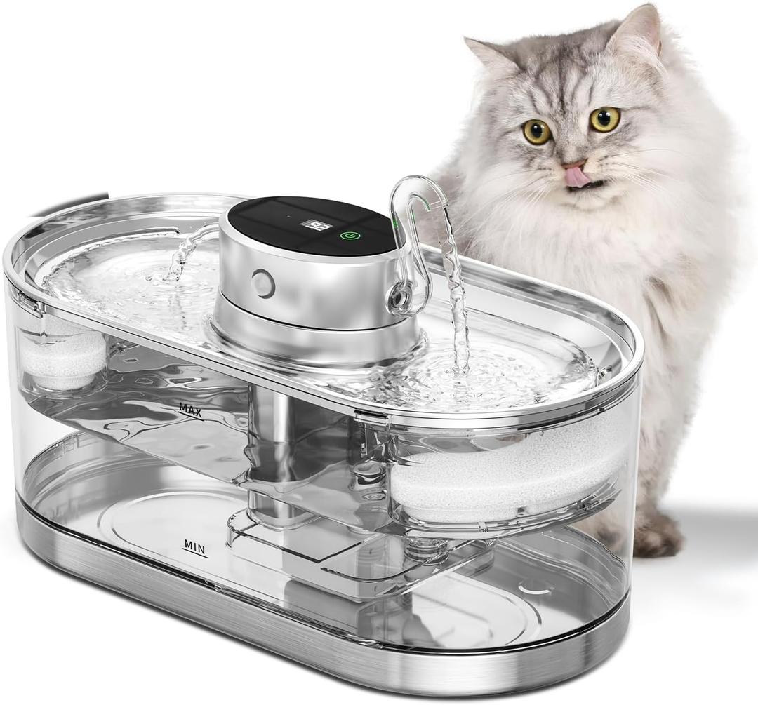 Wireless Cat Water Fountain Cordless Battery Operated Cat Fountain Stainless Steel, 3.2L/108oz Automatic Pet Water Dispenser Rechargeable Drinking Fountains for Multiple Cats Indoor, with 2 Filters