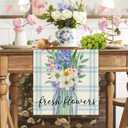 2 x Buffalo Grid Blue Flower Vase Spring Table Runner , Seasonal Summer Table Decoration for Kitchen Dinning Holiday Home Party Decor 13x72 Inch